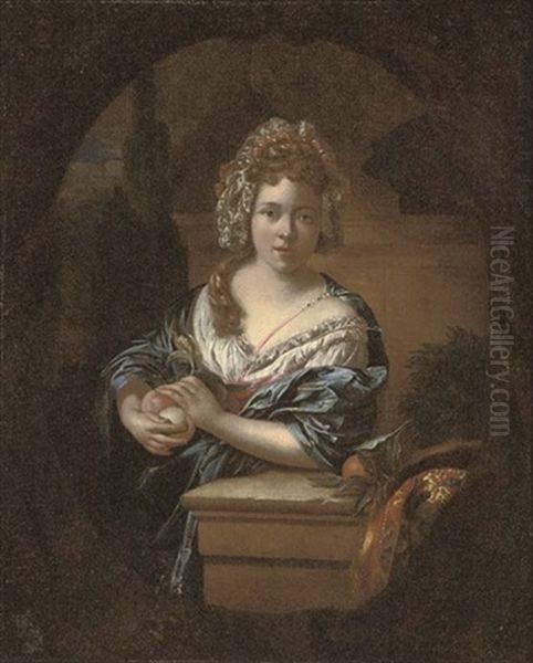 Portrait Of A Girl By A Column With Fruit, A Landscape Beyond Oil Painting by Caspar Netscher