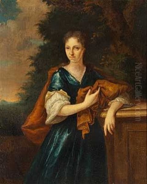 Portraet Af En Herre Med Hvid Paryk I Lysebla Dragt Og Rod Flojlskappe (+ Portraet Af En Dame I Bla Kjole Og Rodt Sjal; 2 Works) Oil Painting by Caspar Netscher