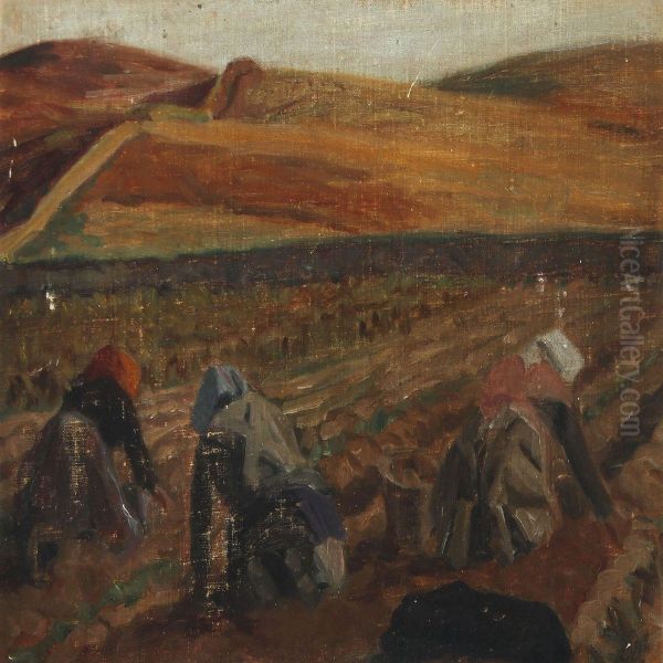 Landscape With Female Potato Collectors Oil Painting by Jens Birkholm