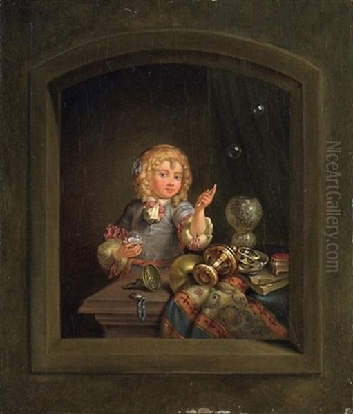 Knabe Mit Seifenblasen Oil Painting by Caspar Netscher