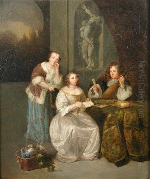 A Lady Reading A Letter To A Gentleman Holding A Mandolin, In An Interior Oil Painting by Caspar Netscher