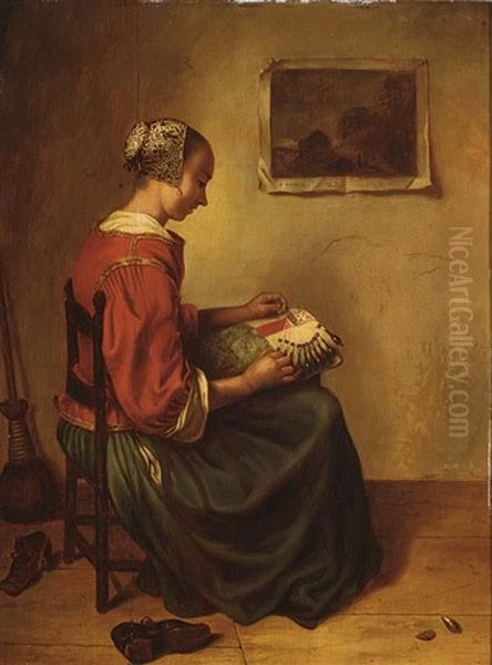 A Lady Making Lace In An Interior Oil Painting by Caspar Netscher