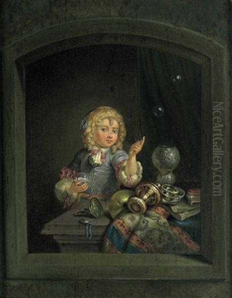 Ein Knabe Mit Kostbaren Gefasen Und Seifenblasen In Einem Fenster: Allegorie Der Verganglichkeit Oil Painting by Caspar Netscher