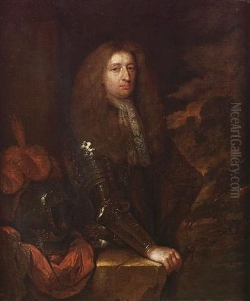 Portrait Of An Officer, Small Three-quarter-length, In Armour And A Lace Jabot, His Hand Resting On A Partially Draped Stone Plinth With A Plumed Helmet, A View To A Battle Beyond Oil Painting by Caspar Netscher