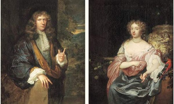 Portrait De Jeune Femme Avec Son Perroquet (+ Portrait D'homme Sur Fond De Paysage; Pair) Oil Painting by Caspar Netscher