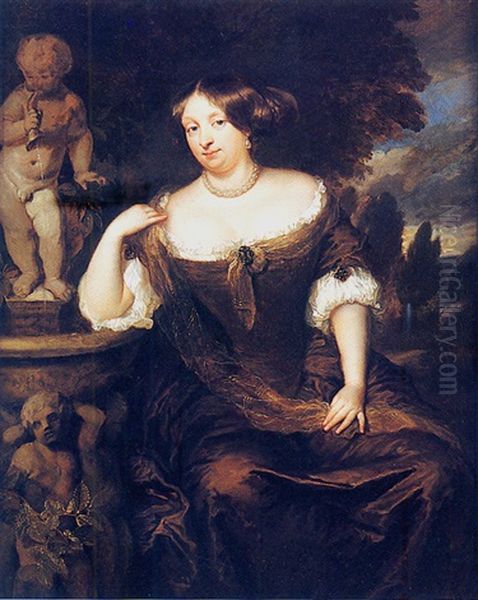 Portrait D'une Princesse D'orange (?) Pres D'une Fontaine Oil Painting by Caspar Netscher