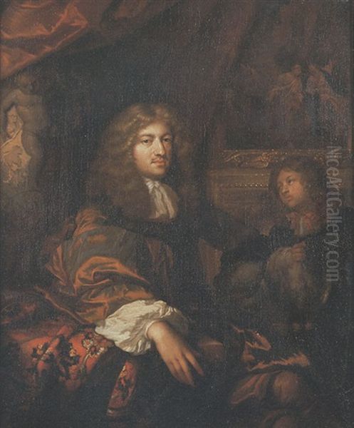 Portrait Of A Gentleman In A Shot-silk Coat, Attended By A Page, In An Interior With A Picture Of Christ And The Woman Of Samaria Beyond Oil Painting by Caspar Netscher