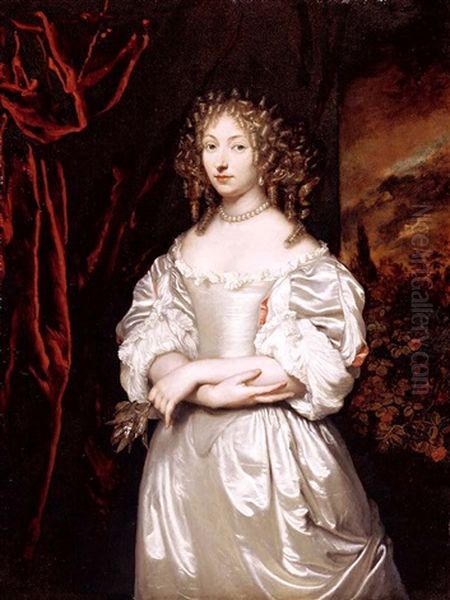 Portrait Of Suzanna Huygens In White Satin, An Evening Landscape Beyond Oil Painting by Caspar Netscher