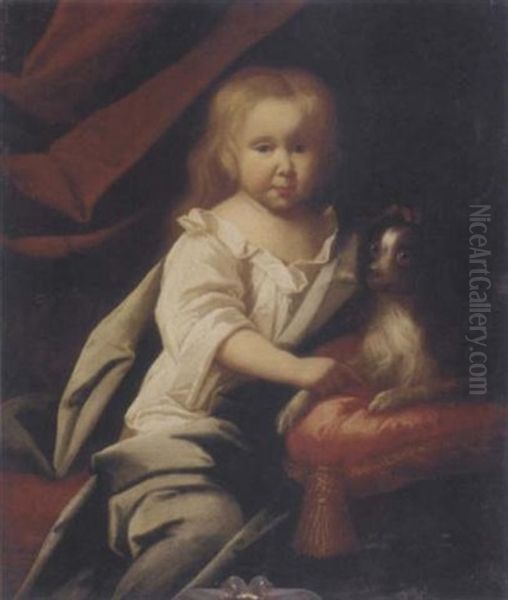 Portrait Of A Child In A White Chemise, With A Dog On A Red Cushion Oil Painting by Caspar Netscher