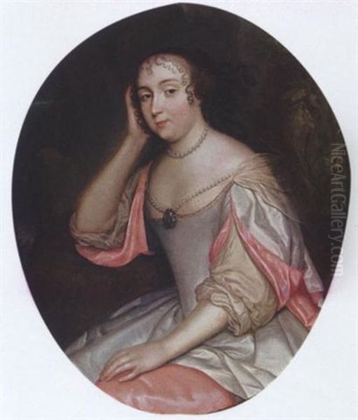 A Portrait Of A Lady, Wearing A Pink And White Satin Dress And Pearl Jewellery, In A Park Setting Oil Painting by Caspar Netscher