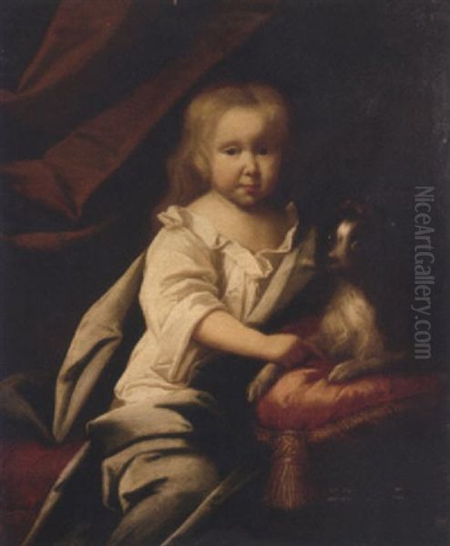 Portrait Of A Child In A White Chemise, With A Dog On A Red Cushion Oil Painting by Caspar Netscher