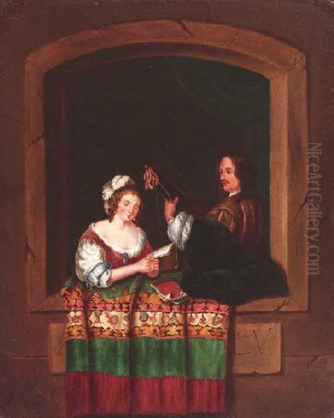 Musizierendes Liebespaar In Einer Fensternische Oil Painting by Caspar Netscher