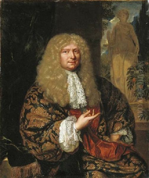 Portrait Of A Gentleman In A Japonsche Rock And A Cravat, In A Garden, Before A Statue Of Justice Oil Painting by Caspar Netscher