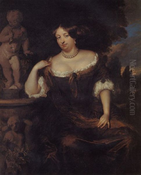 Portrait Of A Lady (princess Of Orange?) Wearing A Brown Silk Dress, With White Trim And Jewelled Brooches, A Landscape Beyond Oil Painting by Caspar Netscher