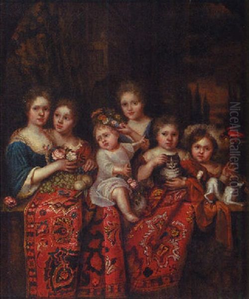 Group Portrait Of Six Children Behind A Draped Balcony, A Landscape Beyond Oil Painting by Caspar Netscher