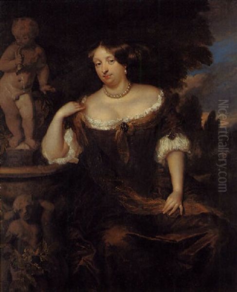 Portrait Of A Lady (a Princess Of Orange?) Wearing A Brown Silk Dress With White Trim And Jewelled Brooches Oil Painting by Caspar Netscher