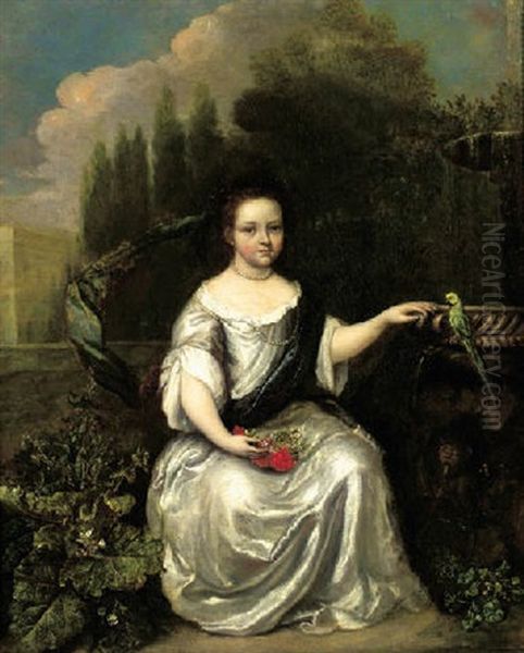 Portrait Of A Young Girl, Seated By A Fountain In A Garden, Wearing A White Silk Dress With Blue Wrap And Pearls Oil Painting by Caspar Netscher