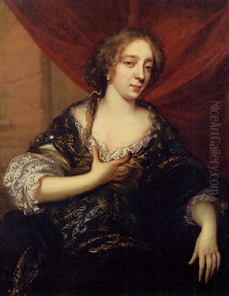 Portrait De Jeune Femme Devant Une Draperie Rouge Oil Painting by Caspar Netscher