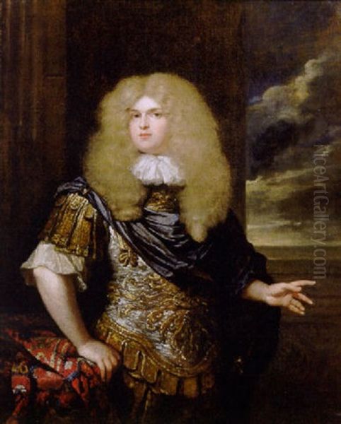 Portrait Of A Naval Officer On A Terrace By A Table, Wearing A Classical Style Armour, With A Blue Cloak, Lace Shirt And A Wig Oil Painting by Caspar Netscher