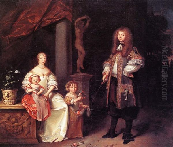 Portrait Of A Couple With Their Two Children In A Garden Oil Painting by Caspar Netscher