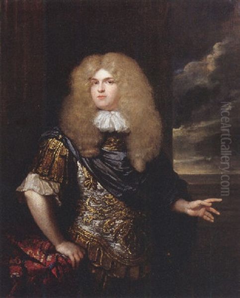 Portrait Of A Naval Officer Standing On Terrace By A Table, Wearing A Classical Style Armour, With A Blue Cloak, Lace Shirt And A Wig Oil Painting by Caspar Netscher