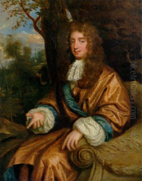 Portrait Of A Gentleman Wearing A Blue-lined Ochre Japanese Rok With Lace Chemise And Wig Oil Painting by Caspar Netscher