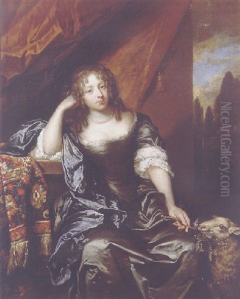 Portrait Of A Lady Seated On A Draped Balcony, Wearing Silk Dress With Lace Chemise, Blue Wrap And Pearl Necklace, Holding A Branch Oil Painting by Caspar Netscher