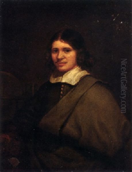 Portrait Of A Gentleman Wearing A Grey Cape, Standing By A Globe On A Table Oil Painting by Caspar Netscher