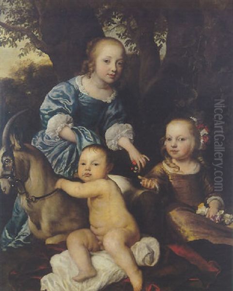 Portrait De Groupe Des Trois Enfants De L'electeur De Baviere Oil Painting by Caspar Netscher