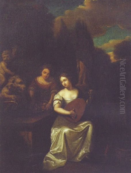 A Lady Kneeling Before A Statue Of Venus Oil Painting by Caspar Netscher