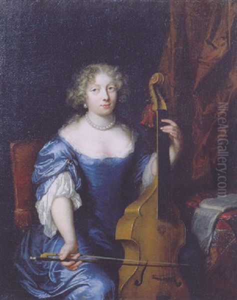 Portrait Of A Lady In A Blue Silk Dress And Pearls, Seated In An Interior, Playing A Violin Oil Painting by Caspar Netscher