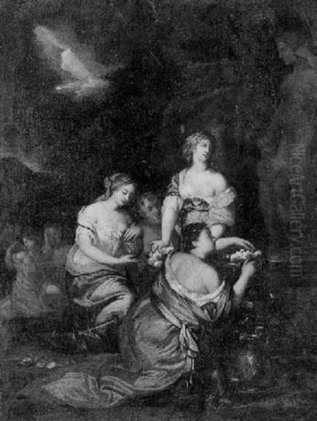 Women At A Shrine To Venus Oil Painting by Caspar Netscher