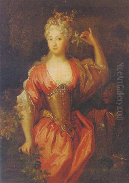 Portrait Of A Lady In A Red Dress With Flowers In Her Hair, A Black Page At Her Side Oil Painting by Caspar Netscher