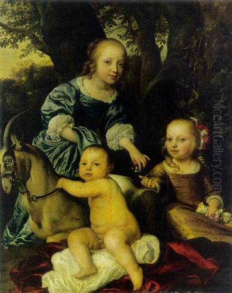 Portrait De Groupe Des Trois Enfants De L'electeur De Baviere Oil Painting by Caspar Netscher