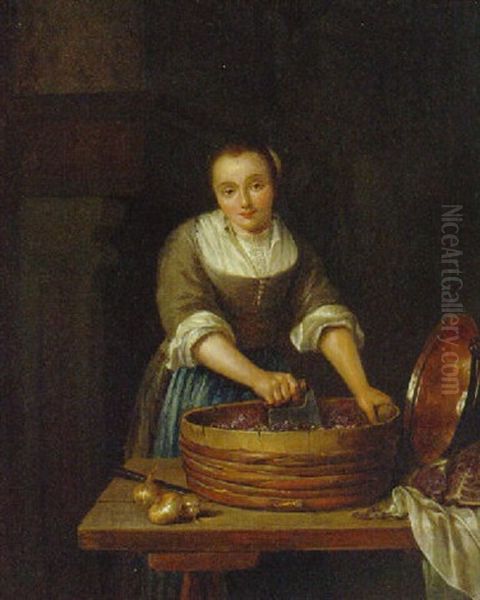 A Woman Preparing Vegetables In An Interior Oil Painting by Caspar Netscher