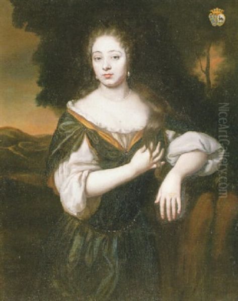 Portrait Of A Young Lady Of The Grefarth Family, Three-quarter Length, Standing In A Landscape by Caspar Netscher