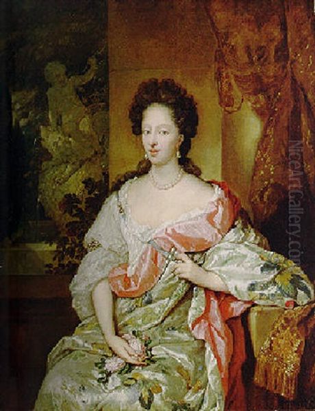 Portrait Of A Lady Before A Fountain, Holding A Posy Of Roses In Her Lap Oil Painting by Caspar Netscher