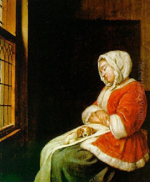 A Lady Asleep By A Window With A Dog On Her Lap Oil Painting by Caspar Netscher