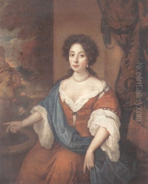 Vornehm Gekleidete Dame, Die Auf Eine Fontanenfigur Weist Oil Painting by Caspar Netscher