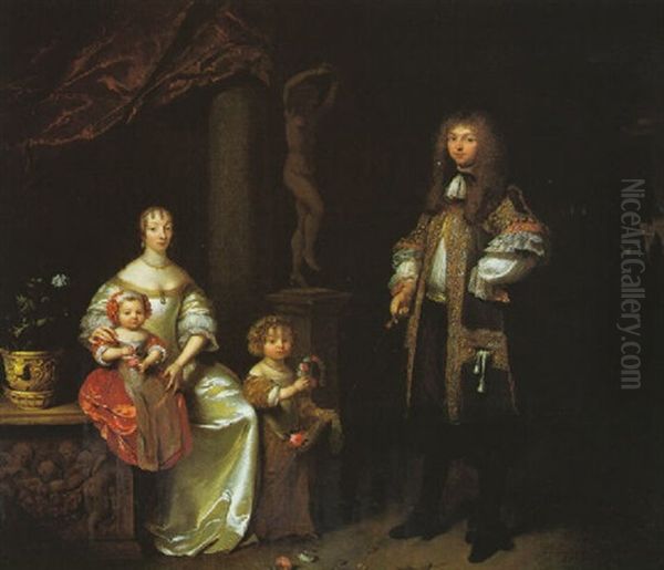 Portrait Of A Couple With Their Two Children Oil Painting by Caspar Netscher