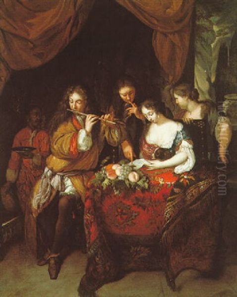 Elegant Figures Gathered At A Table In An Interior, An Allegory Of The Senses Oil Painting by Caspar Netscher