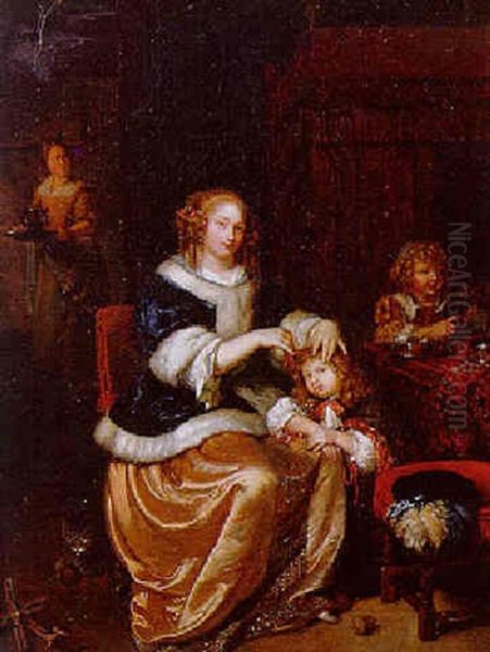 An Elegant Lady Grooming Her Child In An Interior by Caspar Netscher