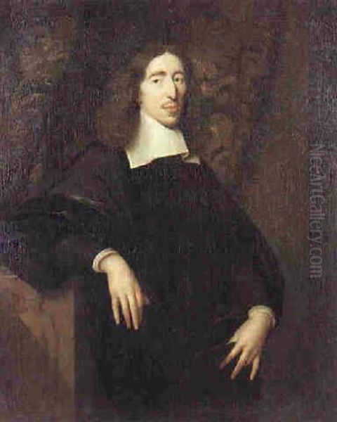 Portrait Of Johan De Witt Wearing Black Robes And White Collar Standing Beside A Plinth Before A Curtain Oil Painting by Caspar Netscher