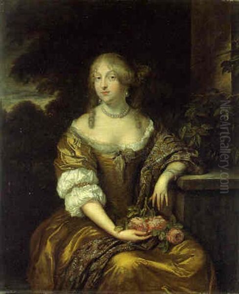 Portrait Of A Lady, Seated Before A Landscape, Holding A Spray Of Roses Oil Painting by Caspar Netscher