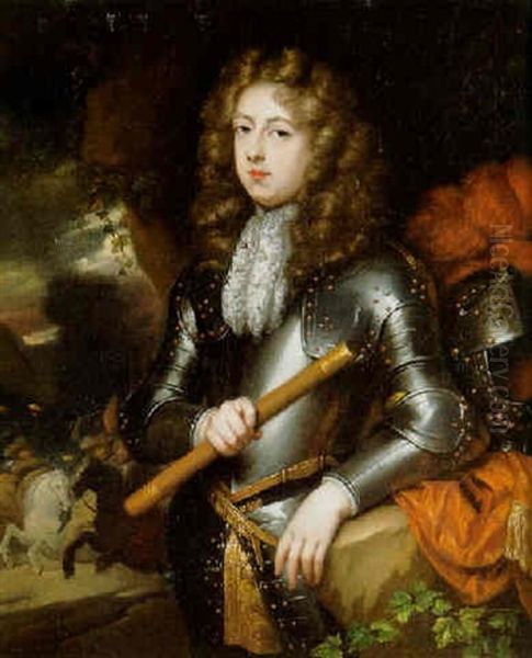 Portrait Of A Commander In Armor Holding A Baton, A Cavalry Charge Beyond Oil Painting by Caspar Netscher