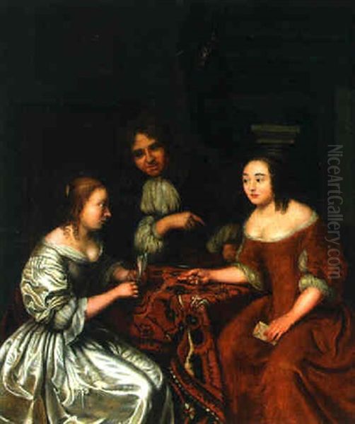 A Gentleman Conversing With Two Ladies At A Table In An Interior by Caspar Netscher