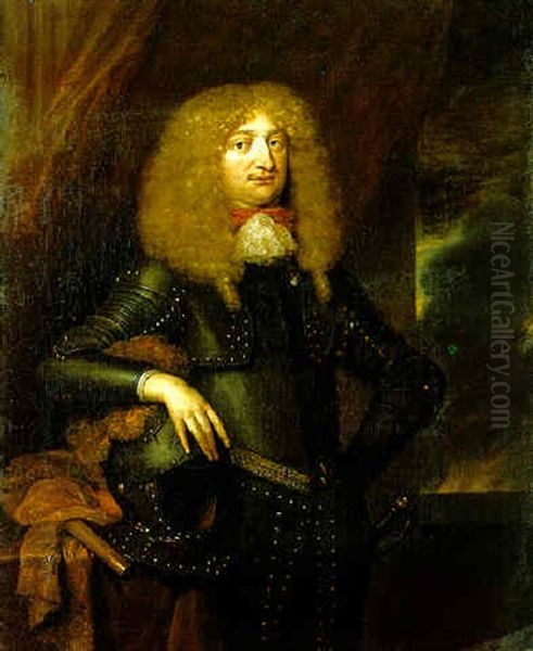 Portrait Of Walraad, Count Of Nassau-usingen, In Armour, At A Partly Draped Casement Oil Painting by Caspar Netscher