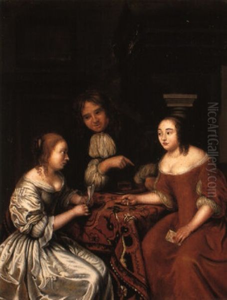 A Gentleman Conversing With Two Ladies At A Table In An Interior by Caspar Netscher