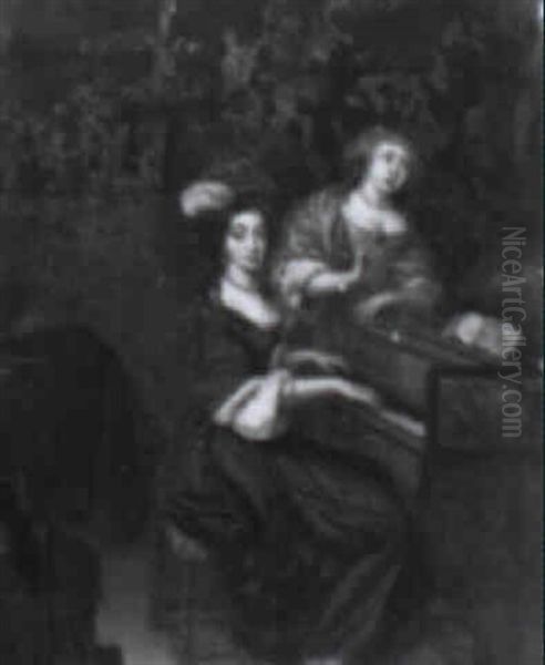 Two Ladies At A Harpsichord Oil Painting by Caspar Netscher