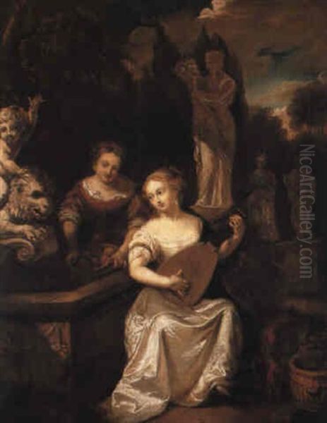 A Lady Playing Lute By A Fountain With A Maid Holding A Basket Oil Painting by Caspar Netscher